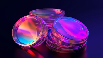 Poster - vibrantly colored containers reflecting light arranged artistically on a dark background, showcasing