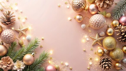 Wall Mural - Luxurious pastel pink and gold Christmas background filled with seasonal decorations like ornaments, pine cones, and twinkling lights