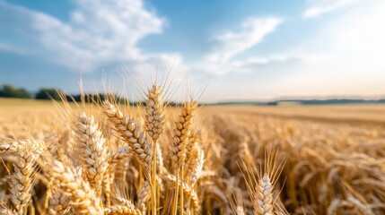 Wall Mural - A beautifully captured golden wheat field stretching towards the horizon under a blue sky with soft clouds. The golden ears of wheat stand out against the contrasting sky.