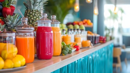 7. A colorful smoothie bar with healthy drinks and fresh fruits displayed