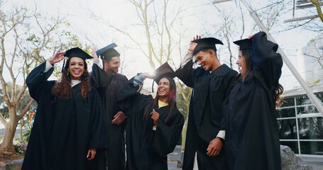 Poster - People, graduation class and outdoor portrait for education, learning and group for success. Students, university institute and celebration for college achievement, support and hats for certification