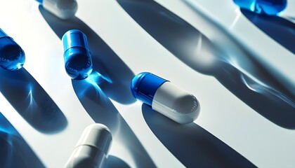 Clinical arrangement of blue and white capsules on a flat surface, creating an orderly pattern with elongated shadows.