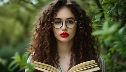 Wall Mural - Candid portrait of a woman with curly hair and glasses, embracing nature in a garden while engaging with a book, exuding elegance with red lipstick.