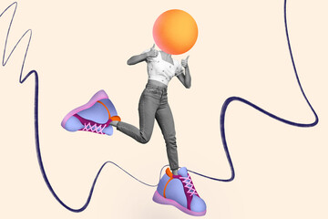 Wall Mural - Creative trend collage of funny female sphere instead head thumb up big shoes bizarre unusual fantasy billboard