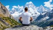 © Pinklife - A person in a white shirt and gray pants sits cross-legged on a rock, meditating in front of breathtaking snow-capped mountains under a bright blue sky.
