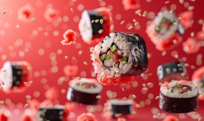 Wall Mural - A close up of sushi rolls with a red background. The sushi rolls are in the air and falling to the ground