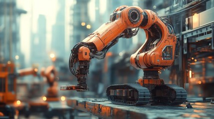 Wall Mural - Autonomous AI-controlled construction robots building homes and structures: Robots equipped with AI constructing buildings, performing tasks like bricklaying and welding autonomously.