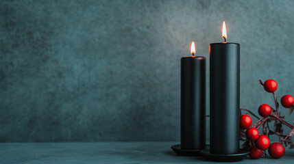 Cozy ambiance created by two black candles illuminating a tranquil scene, complemented by red berries against a textured backdrop.