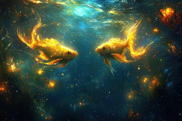 Wall Mural - Majestic golden koi fish swimming in enchanted, ethereal underwater world