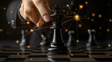 Poster - Business Strategy and Brainstorming with Chess, Hand Moving King Piece, Double Exposure Network