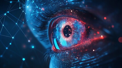 Wall Mural - A close-up of a digital human eye with glowing lines and dots.