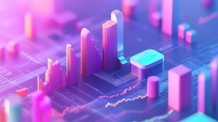 Poster - colorful 3d data visualization displaying fluctuating graphs and vibrant bar charts against a dark b