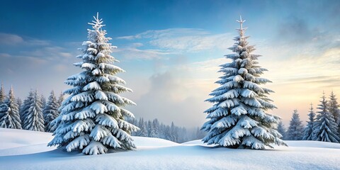 Winter scene with two snow-covered fir trees captured on film