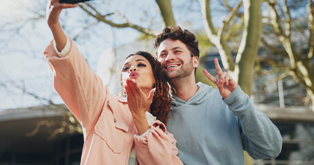 Sticker - Happy couple, love and peace sign with selfie for memory, picture or photography at outdoor campus. Young man, woman or students with smile for moment, capture or friendship together at university