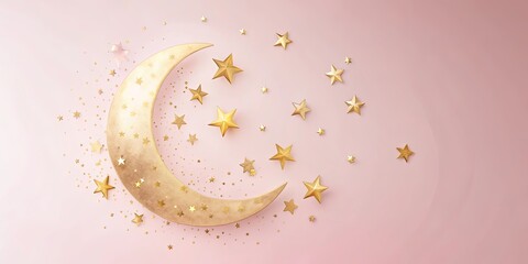 Wall Mural - crescent moon with gold stars on a pale pink background, dreamy and magical celestial design for bac
