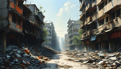 Urban decay and reconstruction: a post-demolition site brimming with rubble and debris amidst towering city buildings