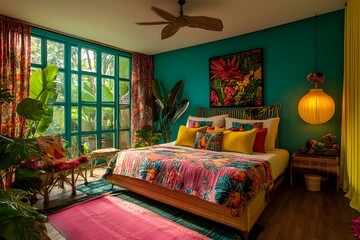 Wall Mural - Tropical Bedroom Interior Design with Vibrant Colors