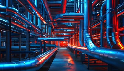 Futuristic industrial landscape with glossy metallic pipes bathed in vibrant blue and red lights, evoking a captivating modern atmosphere