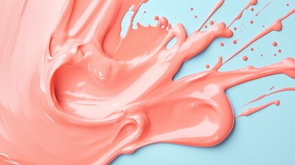 Poster - A vibrant splash of coral paint on a blue background expressing creativity and artistic flair