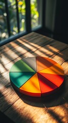 Poster - Colorful pie chart on a wooden table with sunlight and shadows, abstract concept