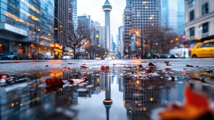 An urban skyline is reflected in a rain-soaked street filled with autumn leaves, highlighting the contrast between the dynamic architecture and the quiet natural elements.