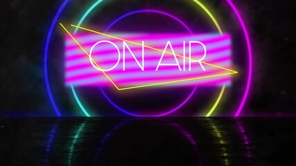 Poster - Animation of on air text over neon shapes on black background