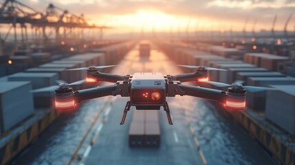 Autonomous AI-controlled freight drones optimizing international shipping: Large drones autonomously transporting goods across seas and international borders for logistics companies.