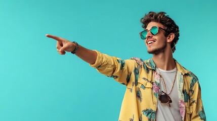 Sticker - A young man in a yellow shirt and sunglasses, wearing a gold chain, smiles and points to the right side of the frame.