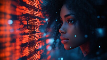 Poster - A woman with dark hair is looking at a computer screen with a lot of numbers and letters. Concept of curiosity and fascination with the digital world
