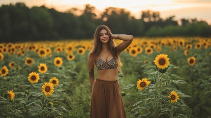 Poster - A young woman wearing a brown skirt and a floral top smiles in a field of sunflowers at sunset.