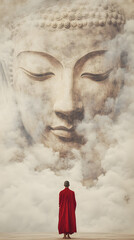 A serene scene where a monk in a vivid red robe stands with their back to the viewer, gazing up at a colossal, ethereal Buddha face that seems to form out of mist and smoke