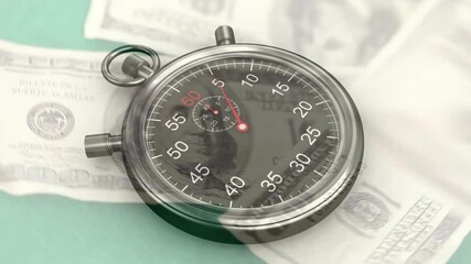 Poster - Animation of moving timer over banknotes on green background