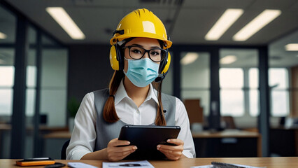 Wall Mural - women wear helmet office safety equipment industry factory helmet headphone company.