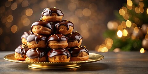 Stacked chocolate profiteroles on a gold plate, perfect for a festive Christmas dessert celebration