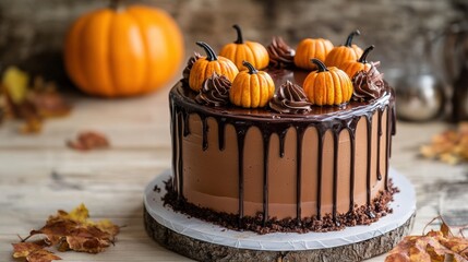 Canvas Print - A chocolate cake with pumpkins on top of it