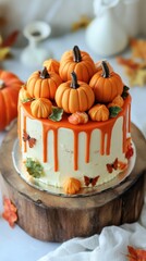 Canvas Print - A cake with orange icing and pumpkins on top