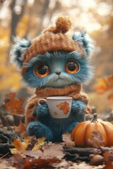 Poster - A blue and brown stuffed animal holding a cup