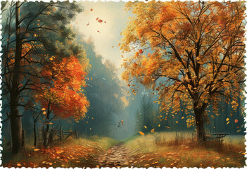 Hand-drawn autumn season postcard. Postcard with autumn trees. Textured edge autumn nature card.