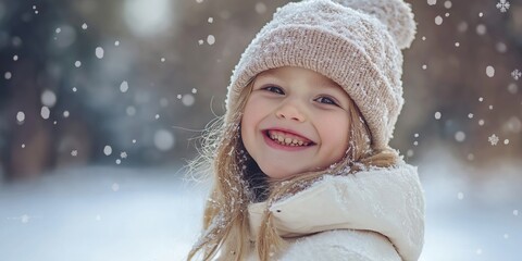 Wall Mural - A young girl wearing a white hat and a white coat is smiling in the snow. Concept of joy and playfulness, as the girl is enjoying the winter weather and the snow