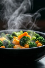 Poster - A black bowl of vegetables with steam coming out of it. The vegetables include broccoli and carrots. The bowl is placed on a table