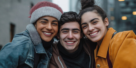 Wall Mural - Three people are smiling and posing for a picture. They are wearing winter clothes and hats. Scene is happy and cheerful