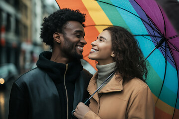 Wall Mural - A man and woman are smiling under a rainbow umbrella. The man is wearing a black jacket and the woman is wearing a brown coat. They are both holding the umbrella together