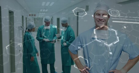 Poster - Animation of chemical formula over diverse doctork working in hospital