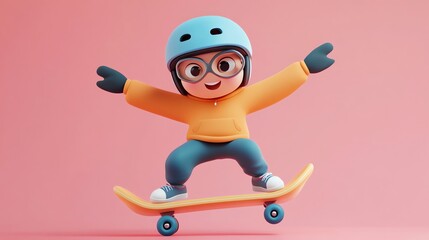 Sticker - A 3D cartoon character skateboarding.