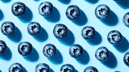 Poster - A flat lay of blueberries arranged in rows on a blue background.