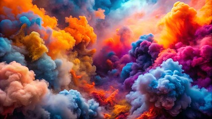 Vibrant color explosion in the air with rose, violet, rust, orange, and blue smoke clouds