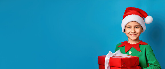 Boy in elf costume holding red Christmas gifts on blue background