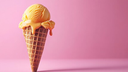 Canvas Print - A melting ice cream cone on a pink background.