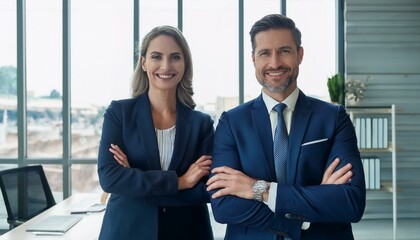 Two happy executives business man and woman partners in office. 2 smiling company managers, businessman and businesswoman leaders professional team standing at work looking at camera. Portrait.