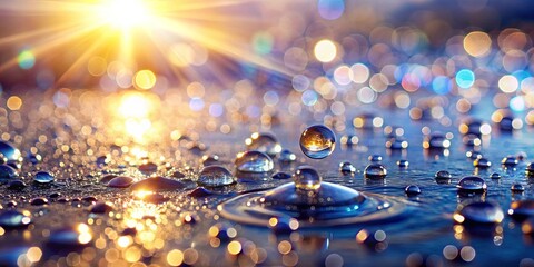 water droplets glistening on a surface with bright sunlight and blurred lights in the background